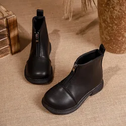 Comfortable Girls Boots with Flat Bottom Low Cut Front Zipper Anti Slip Waterproof Synthetic Leather Fashion Boots for Winter