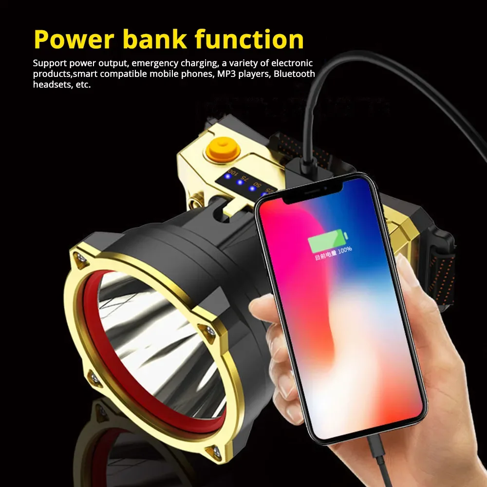 Yellow/White LED Headlamp USB Rechargeable Headlight Waterproof Fishing Head Flashlight 3 Modes Camping 18650 Power Bank Lantern