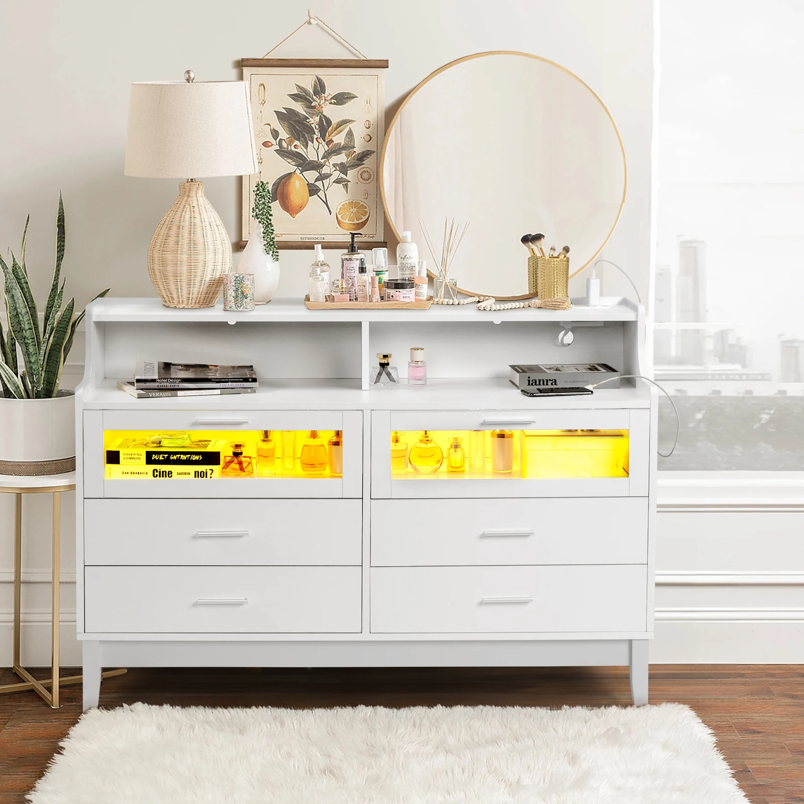 White Wood Tempered Glass Drawer Dresser with LED Light Strips & Charging Station & USB Ports Bed Table