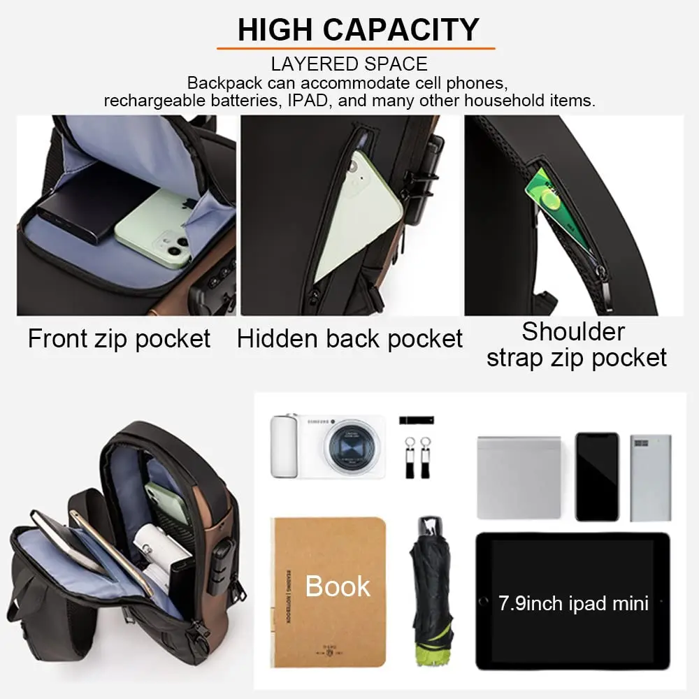 Imagem -04 - Bolsa Anti-roubo para Homens Pacote Crossbody Sling de Ombro Carregamento Usb Escola Viagem Curta Ginásio Pacote de Esportes Masculino Mais Novo