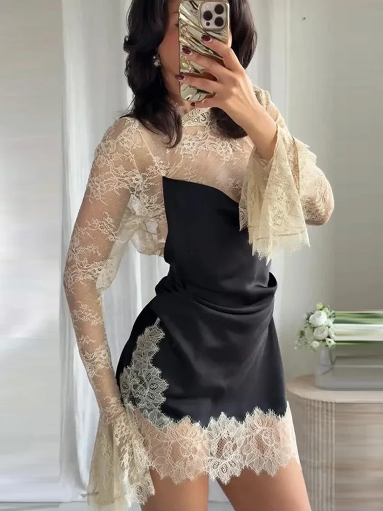 HH femme mode couleurs contrastées Sexy robe de soirée femmes élégant manches longues dentelle épissage cloche manches décoration Mini robe