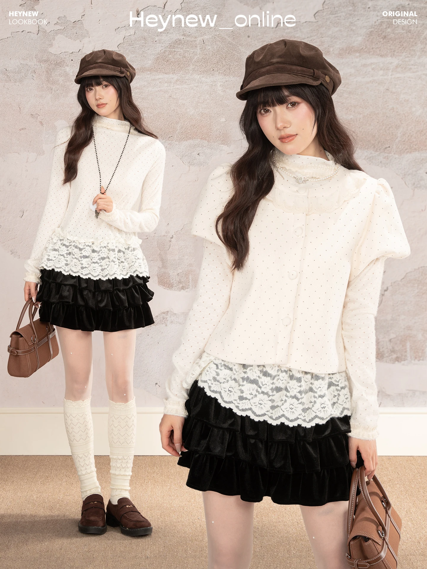 

Sweet Polka Dot Ruffle Sleeve Short Knitted Sweater Women's Winter Fashion Youthful Top Heynew Loveheynew D21P-89518-X