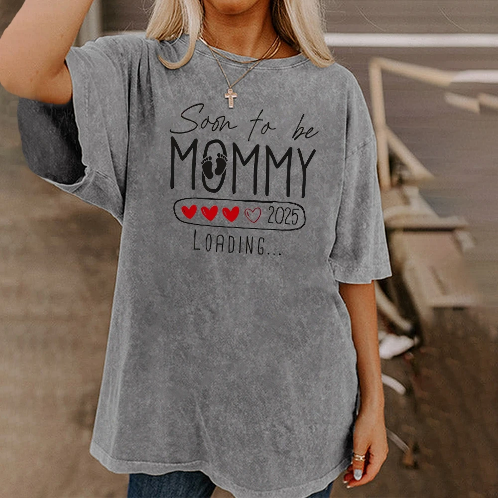 Y2K Round Neck Short Sleeved Soon To Be MOMMY EST 2025 Washed Denim T Shirts Summer Unisex Gift Anniversary costumes 15 Colors