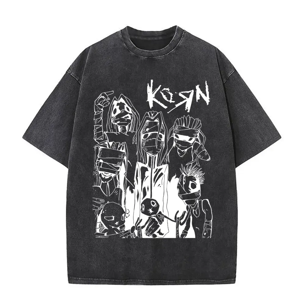 Washed Vintage Rock Band Korn Metal Music T-shirt Serpent Skeleton Graphic T Shirts Men Hip Hop T-shirts Male Oversized Tshirt