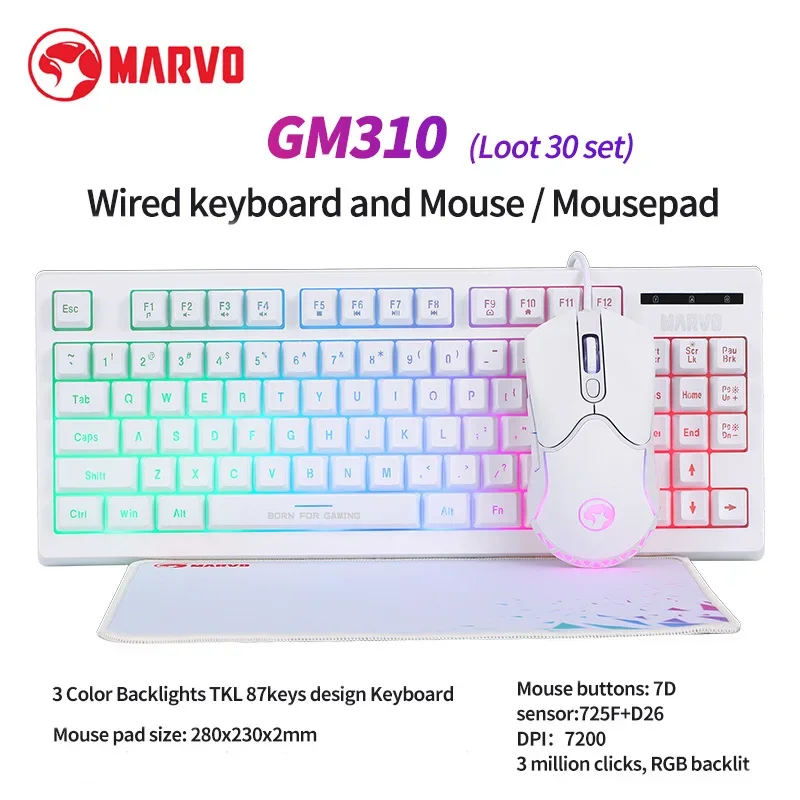 MARVO CM310 Loot 30 TKL 87 клавиш с подсветкой, проводная игровая клавиатура, 7 кнопок, коврик для мыши RGB, набор 3 в 1 для геймера, ПК, настольного офиса