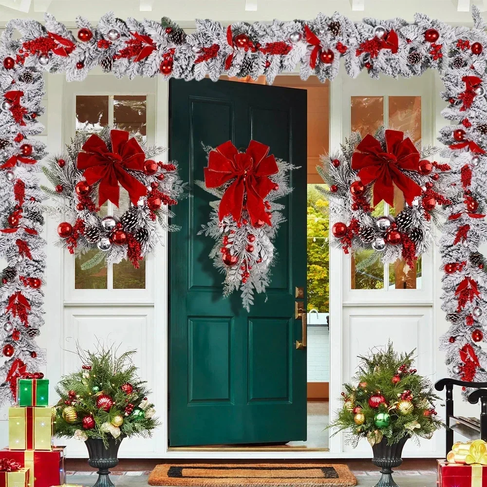 Christmas Wreath Set For Front Door Flocking Wreath Large Fireplace 1.2M Door Flocking Rattan Garland Outdoor Christmas Decor