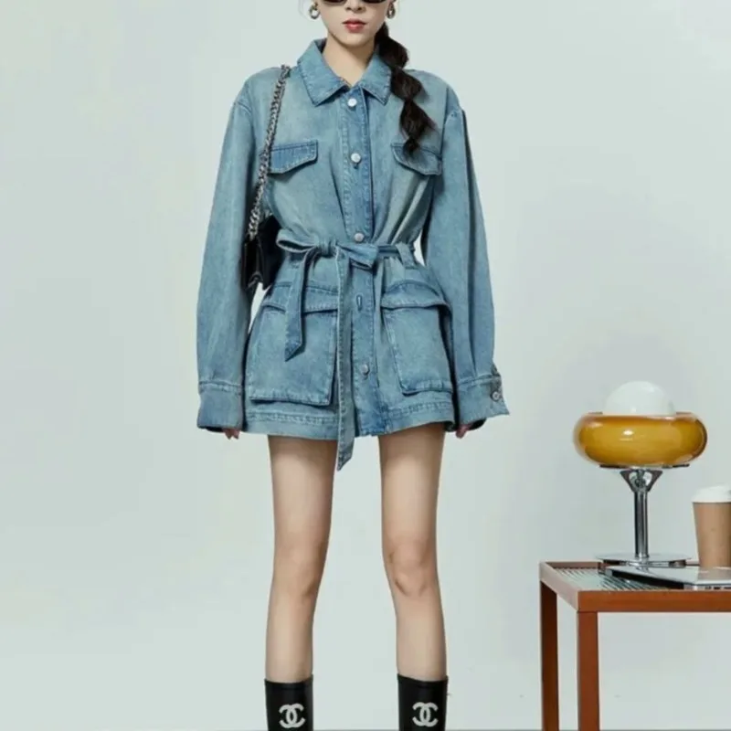 Blouse Jacket Women's Spring/Fall Retro Denim Belt Long Sleeve New Comfortable Minimalist Casual Niche Versatile Fashionable