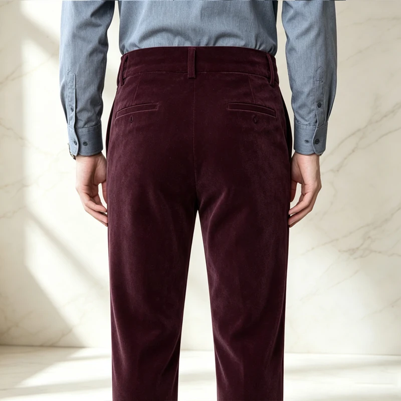 Luxury Men's Velvet Pants High Waist Double Pleat Slim Suit Straight Leg Trousers Business Casual for Formal Wedding Party image 6