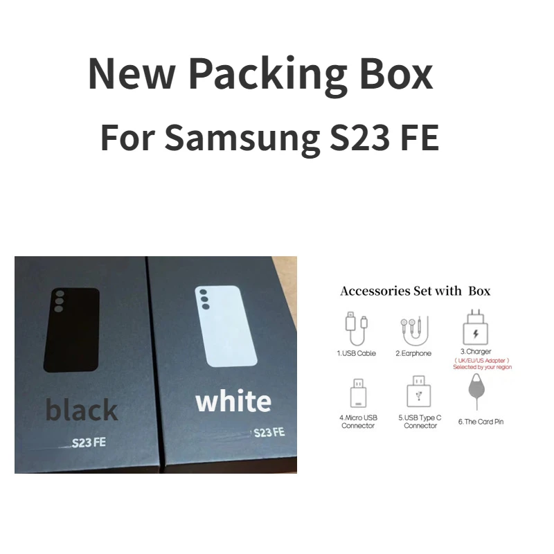 

Новая пустая коробка для Samsung Galaxy S23FE или с аксессуарами, адаптер для США/ЕС/Великобритании, кабель Type-C, гарнитура для S23 FE (черный/белый)