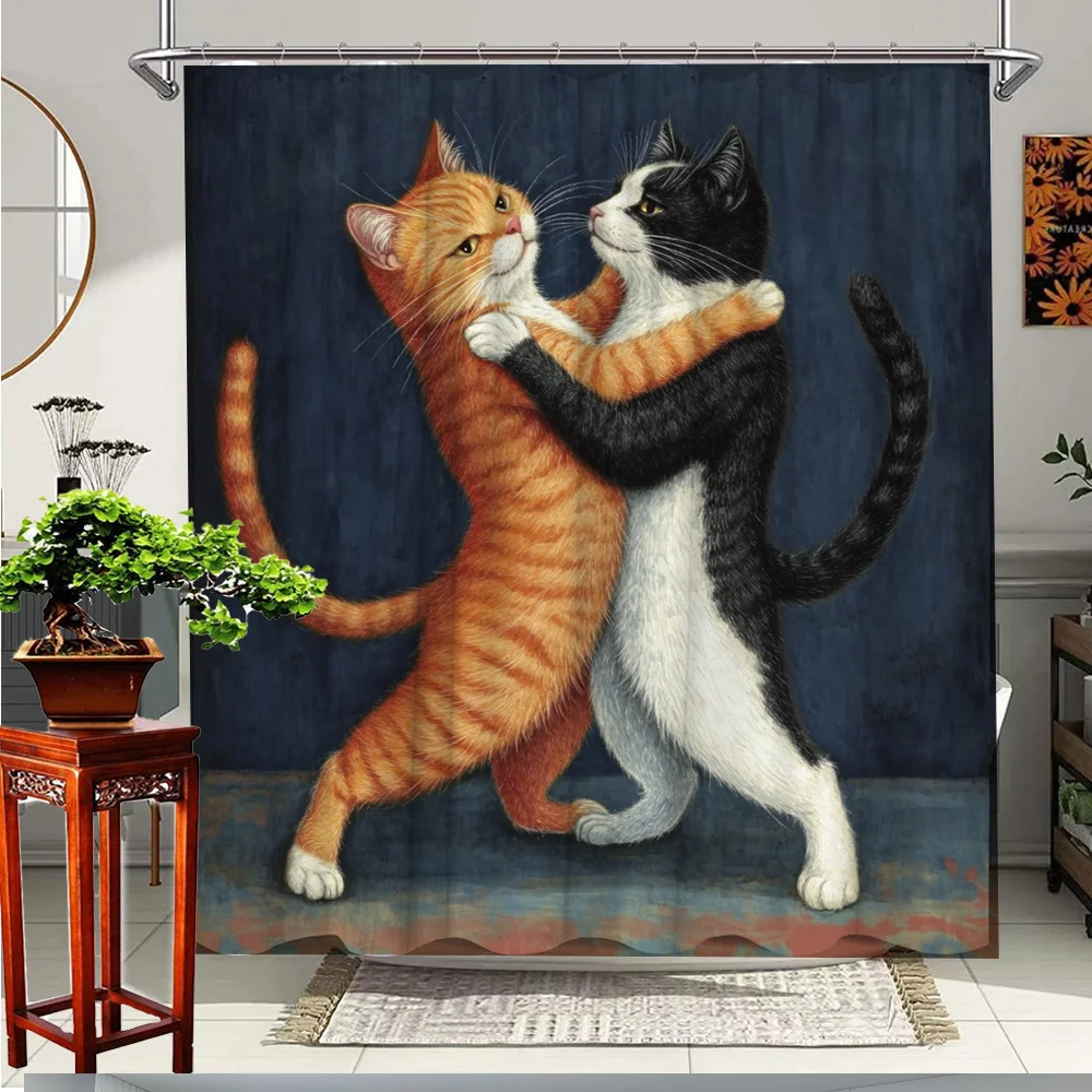 

1pc Dancing Cats Shower Curtain, Vibrant Feline Pair Illustration for Bath and Yard Decor, Whimsical and Charming Cat Print for