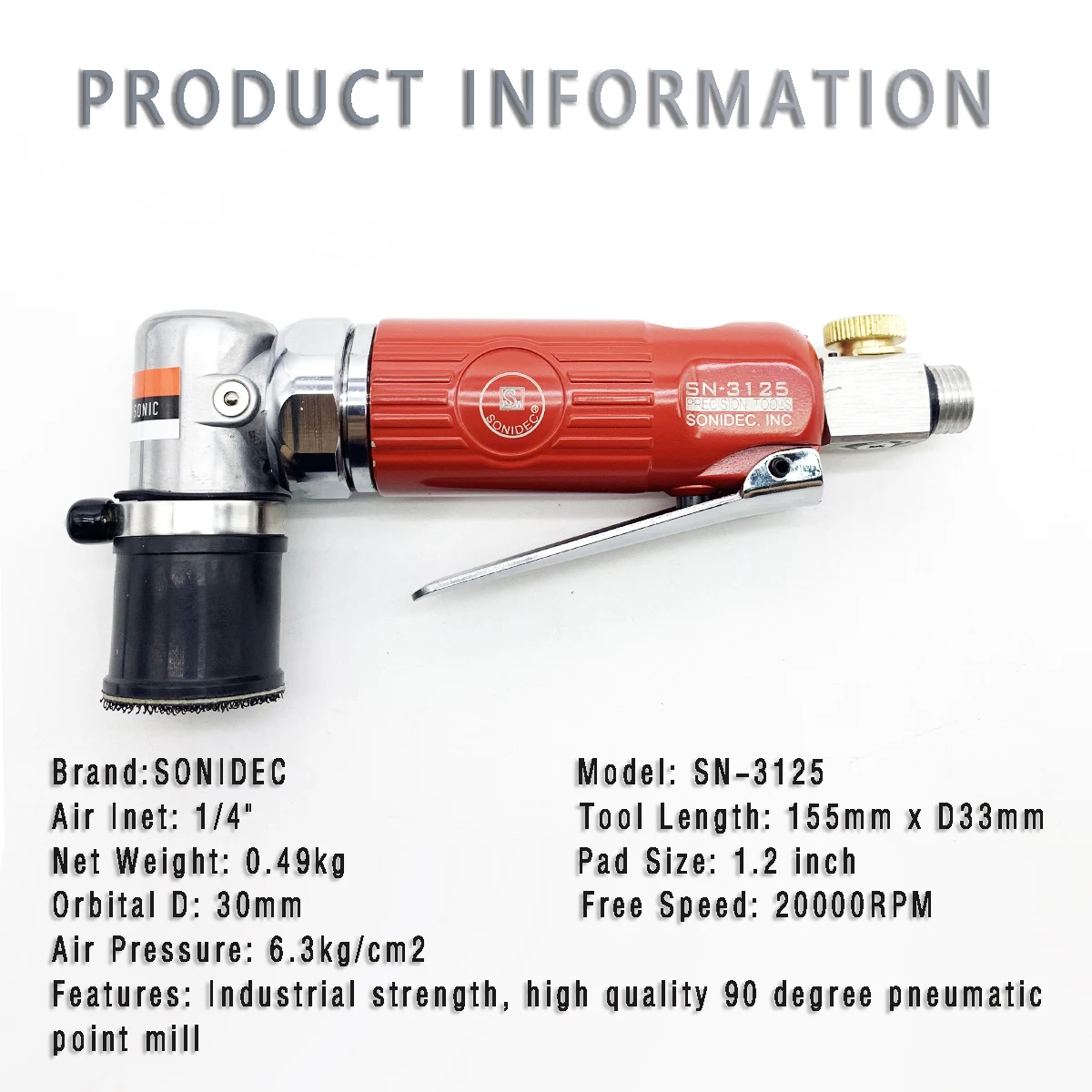 005 SONIDEC High Quality 1.2 Inch Orbital Sander Spot Pneumatic Polishing Machine Tool 90 Degree Point Polisher