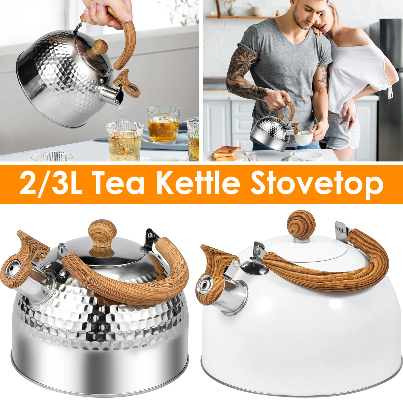 3/2L Tea Kettle with Anti-scald Handle Rustproof Whistling Tea Kettle Food Grade Stainless Steel Stove Top Tea Kettle Even