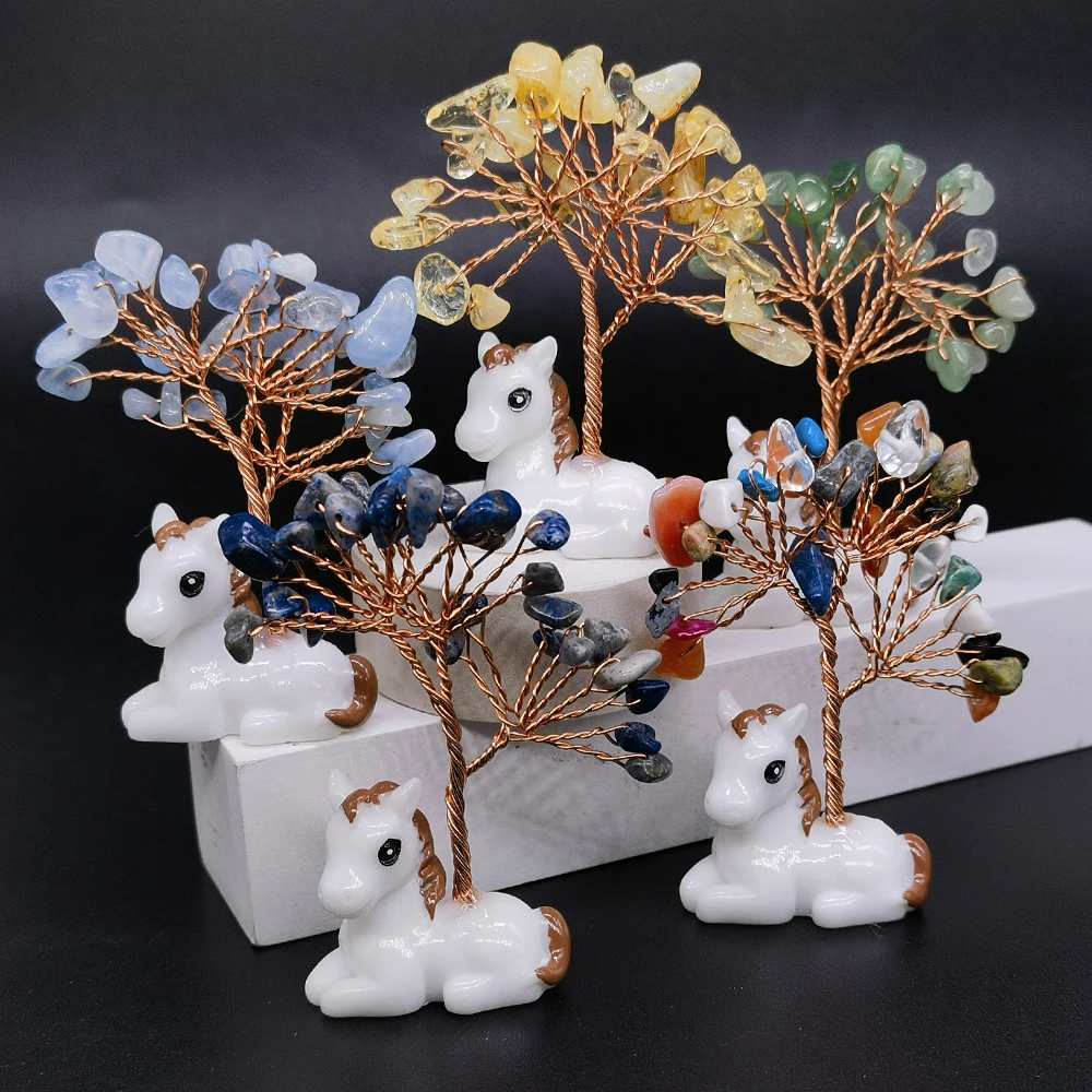 Money Tree with Horse Wire Wrapped on Natural Crystals Gravel Beads Stone Home Room Decoration Gemstone Yoga Feng Shui Trees