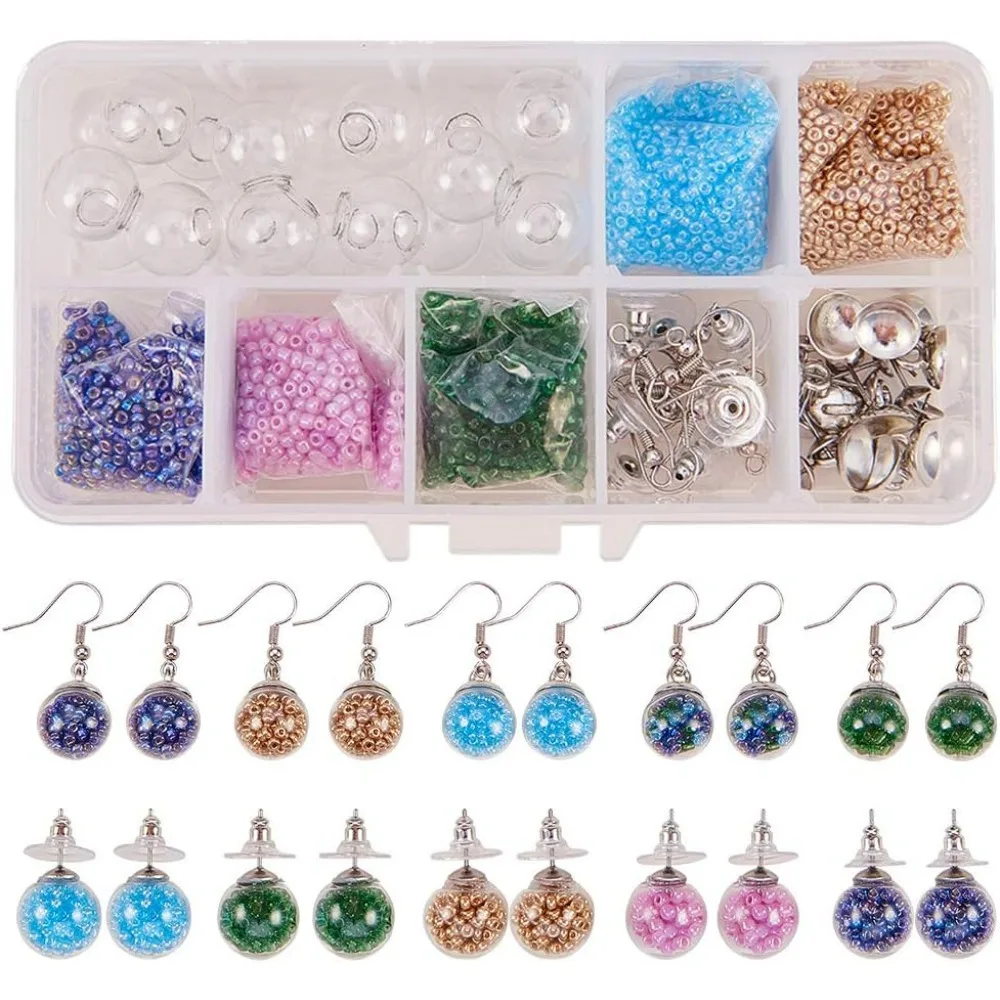 1 Box DIY 10 Pairs Crystal Bubble Glass Ball Bottle Dangle Stud Earring Making Kits Jewelry Craft Supplies Adults Women Silver