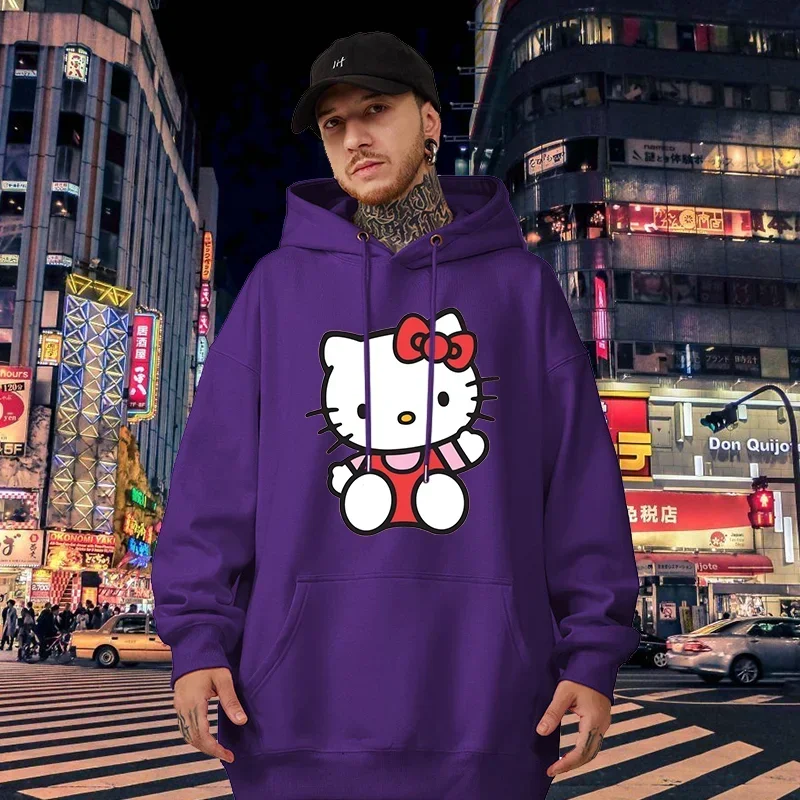 Cartoon Graphic Printed Male Sweatshirts Kawaii Hello Kitty Pattern Anime Long Sleeve Men Hoodies Autumn Winter Casual Tops