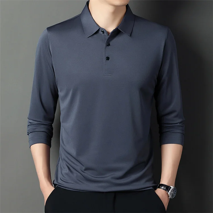 

Cotton Blend Long Sleeve Polo Shirt Men Autumn Lightweight Lapel T-shirt Man Solid Color Business Wear Casual Top Slim Fit Gray