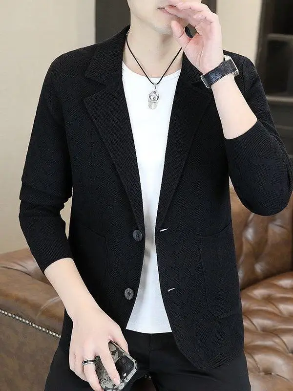 

Мужской приталенный вязаный кардиган-свитер черного цвета, простой, универсальный, на пуговицах, с длинным рукавом, для повседневной носки, молодежный, городской стиль