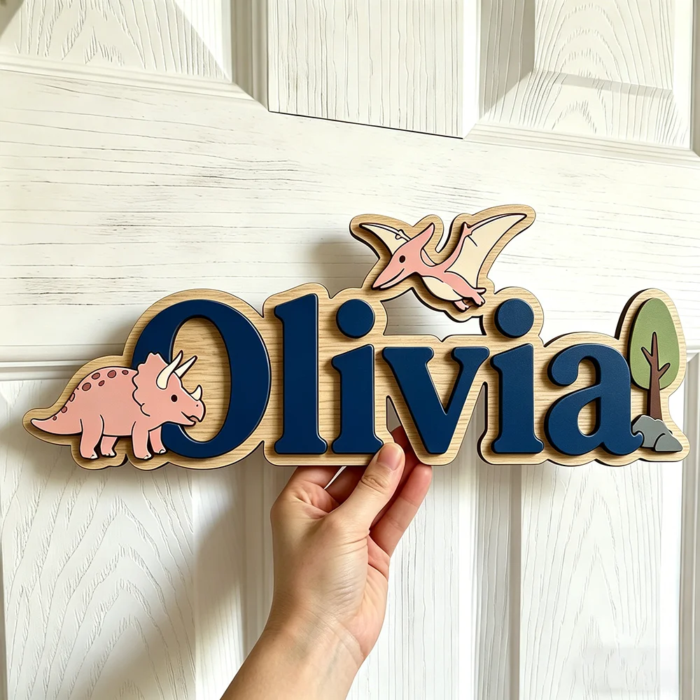 Letrero personalizado con nombre de dinosaurio para el mejor bebé, decoración de madera para habitación infantil con Triceratops y Pterodactilo, placa única para puerta infantil