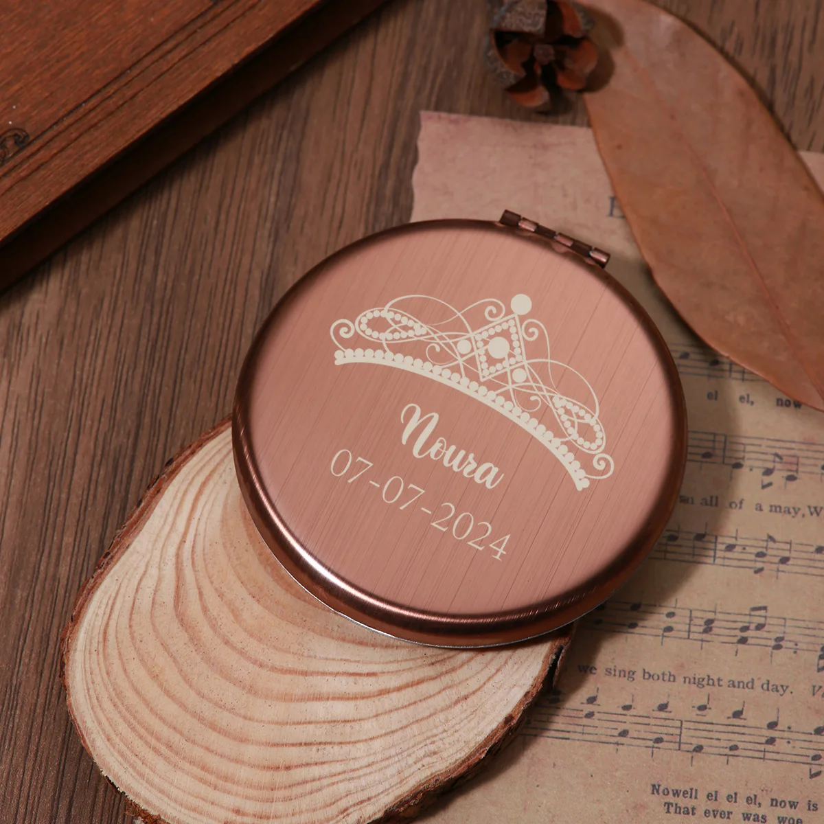 

1 pc Crown date creative New style Engraving Customized Name pocket Mirror rose gold Anniversary gifts