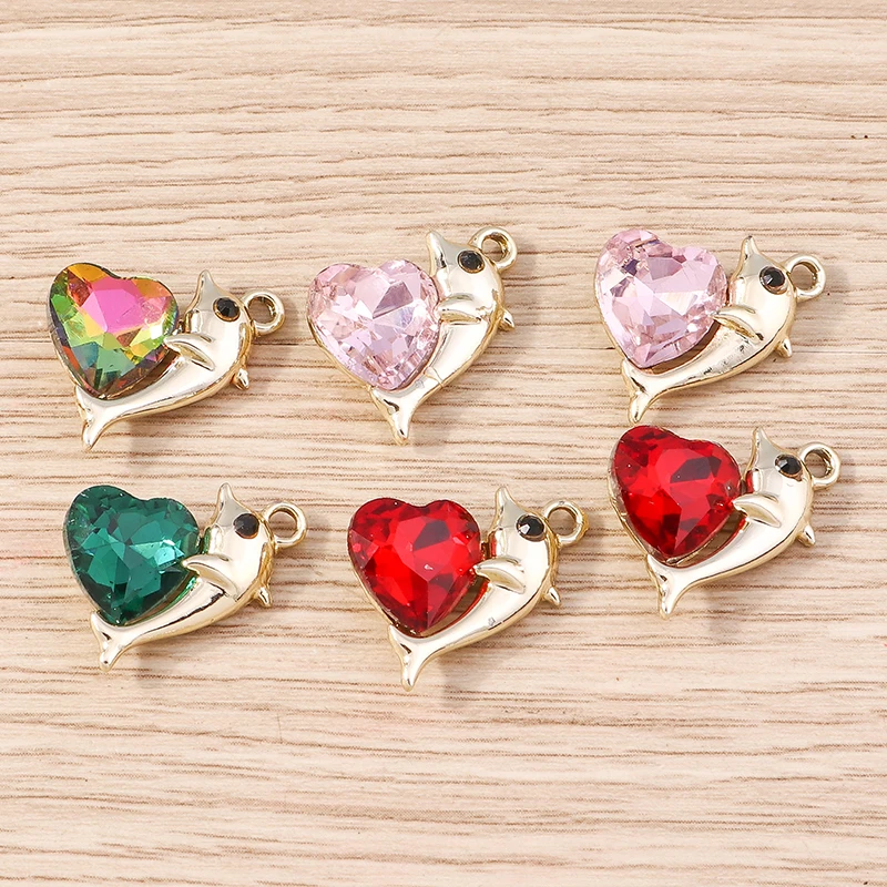 Tusember, 10 Stück, goldfarbene Kristall-Herz- und Delfin-Anhänger zum Basteln von Schmuck, für DIY-Projekte, zum Herstellen von Halsketten, Armbändern und Ohrringen. – Detail 3