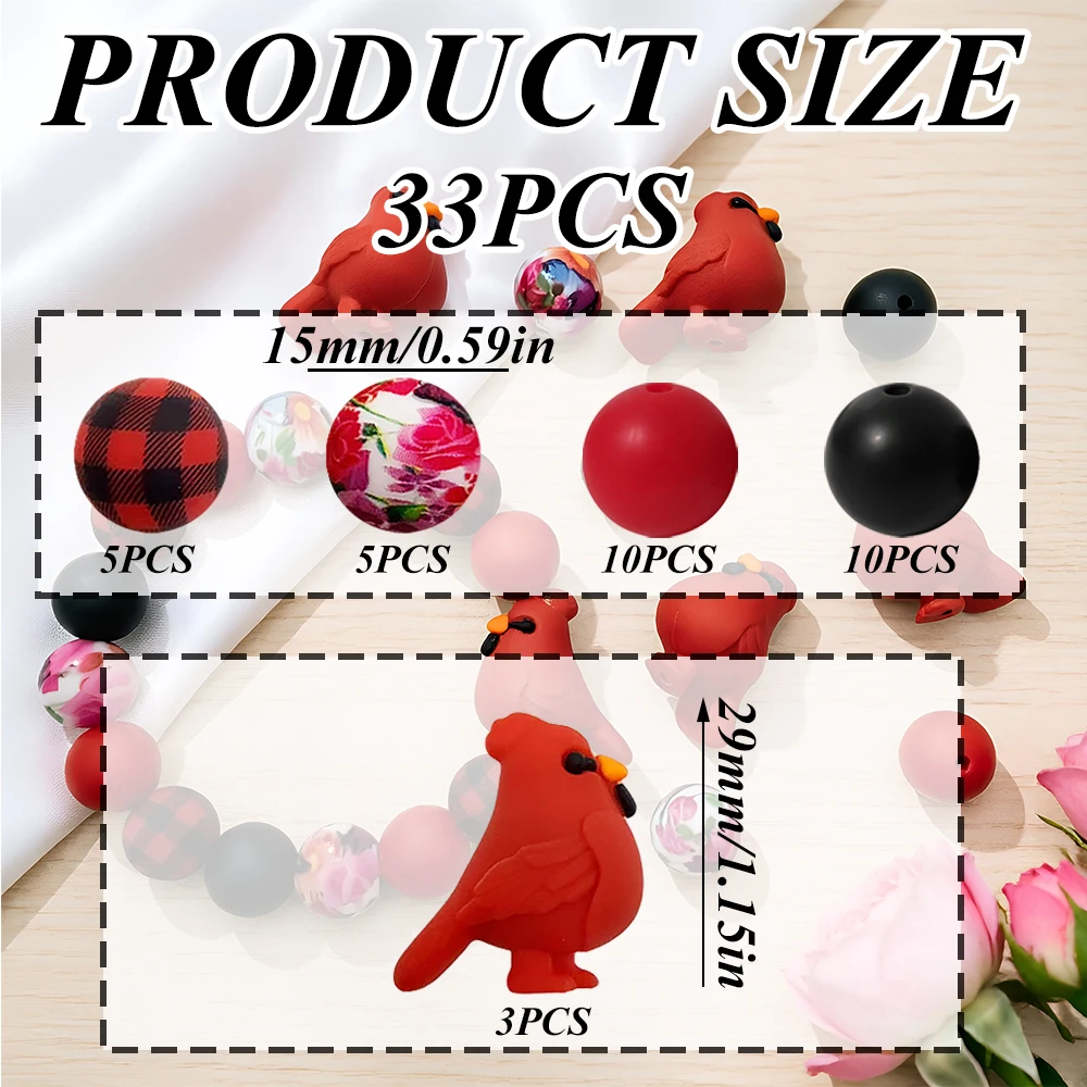 33/34-teiliges Set aus Silikonperlen der Red Bird Serie für DIY-Halsketten, Armbänder, Dekorationen, Stifte, Schmuckanhänger usw. Geburtstagsgeschenk für die Feiertage – Detail 9