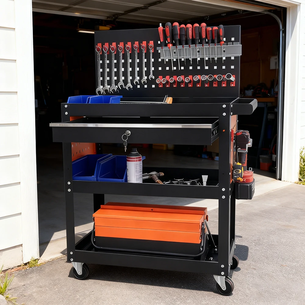 

Trolley 3-layer Multifunction Tool Cart Loading 300kg Tool Cart With Drawer & Pegboard for Industry Garage Trolley 구르마