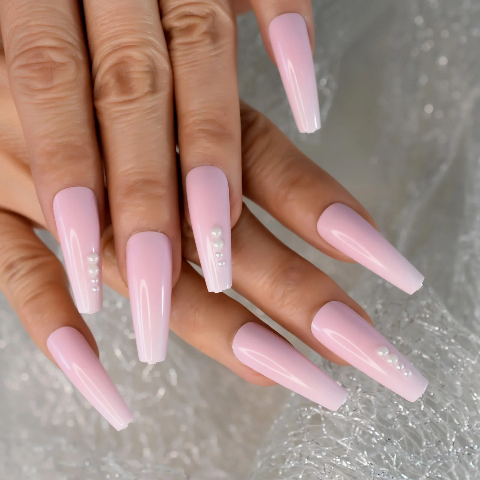 Pearl Pink Fading Nails Coffin Medium Size Wholesale Fake Nails Coffin Shape Manicura Stick On Nails With Tabs 24pcs Set