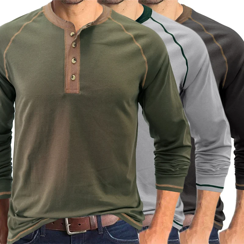 Camisetas de manga larga con cuello Henley para hombre, camiseta informal lisa con bolsillo de una sola botonadura, camisa de fondo suave y cómoda