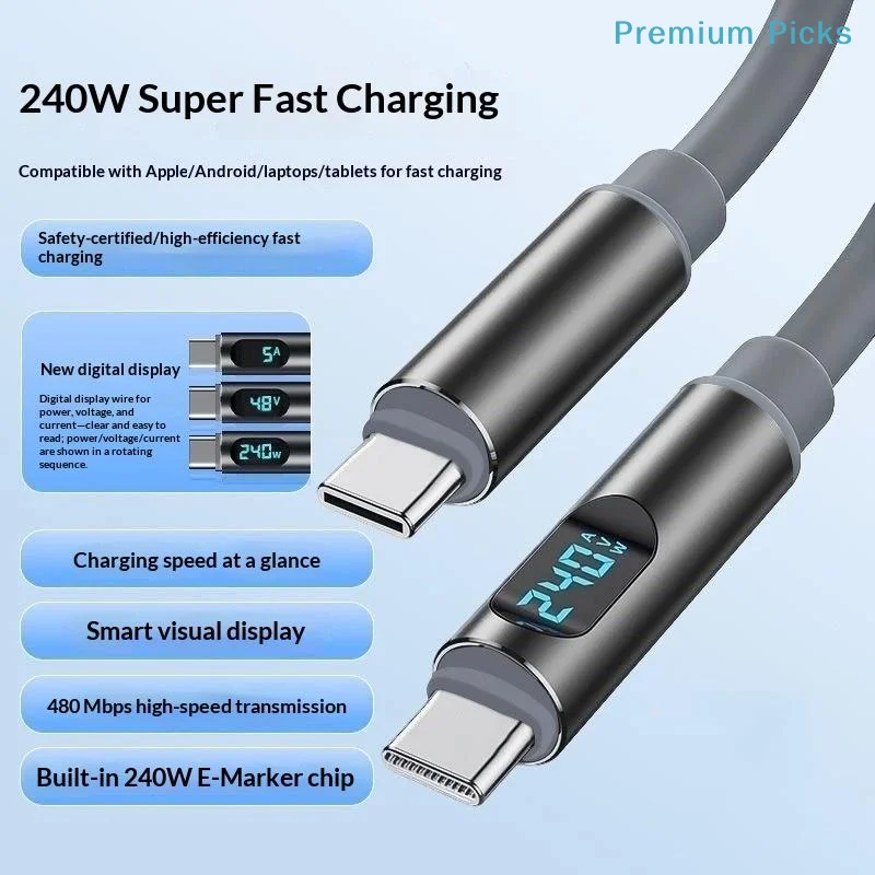 USB C to USB C 240W Fast Charging Cable LED Digital Display 480Mbps Data Cord Compatible with Most Type C Devices Home Use