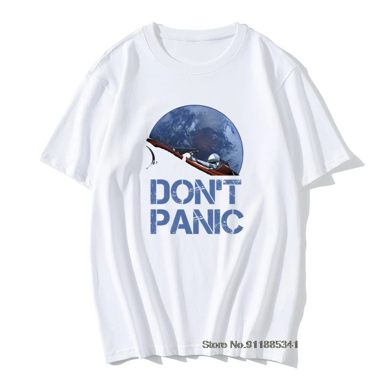 Novelty Occupy Earth SpaceX Starman T Shirt Man 100% Cotton Elon Musk Space X T-Shirt Summer Camiseta Mens Tshirt Don't Panic