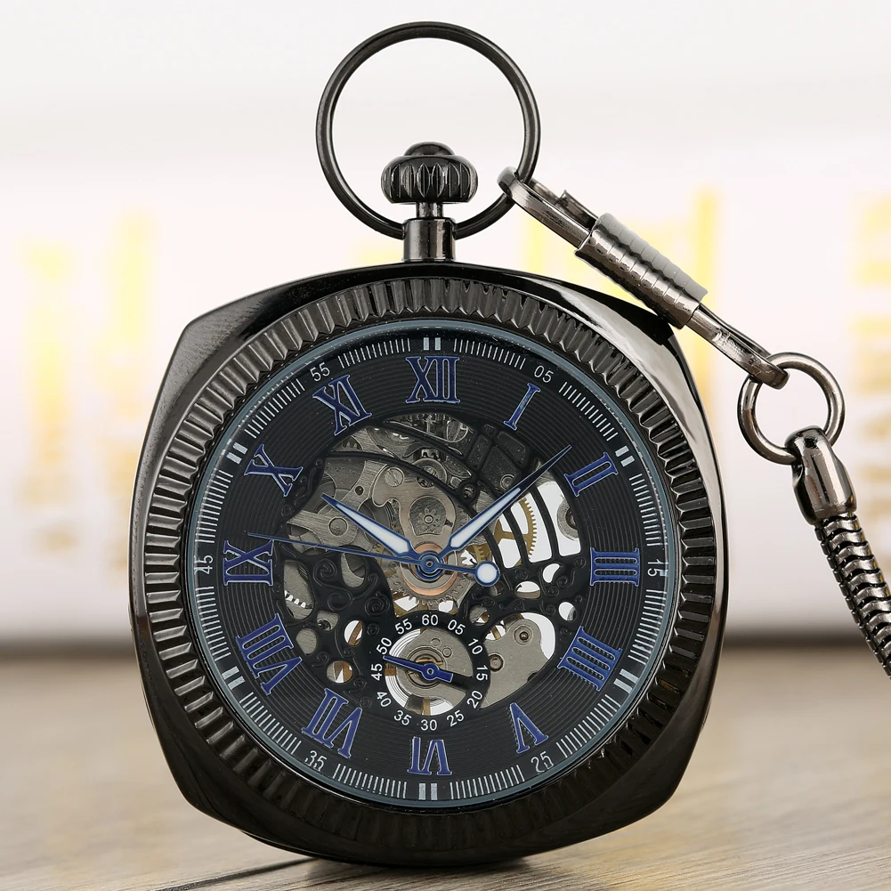 Antique Black/Silver/Gold Mechanical Pocket Watch Unique Square 30cm Snake Chain Hand Winding Pocket Watches Pendant Clock Gifts