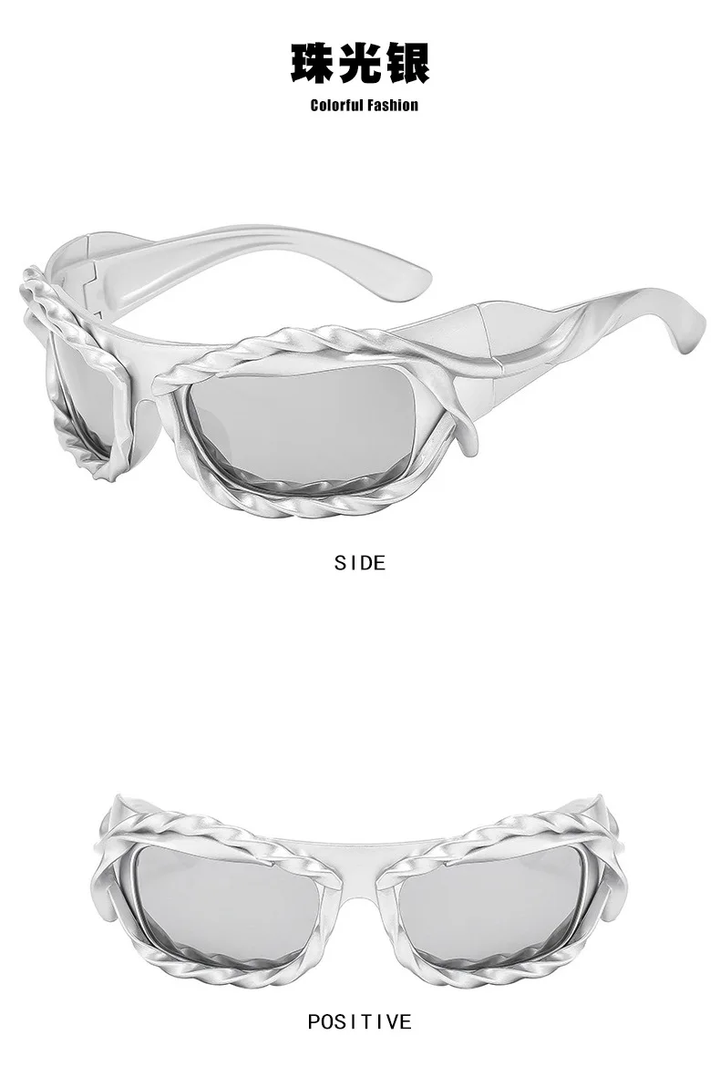 Einzigartige Hip-Hop-Y2K-Sonnenbrille für Damen und Herren, neue Sport-Sonnenbrille mit gedrehtem Design, Party-Sonnenbrille für Frauen, silberne Retro-2000er-Brille – Detail 9