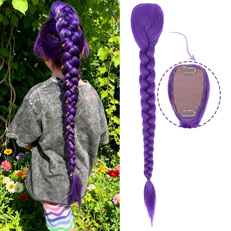 

Easy Clip in Purple Ponytail Extensions 26 Inch Rumi Long Purple Braids Synthetic Fiber Hair for Cosplay Halloween Costume