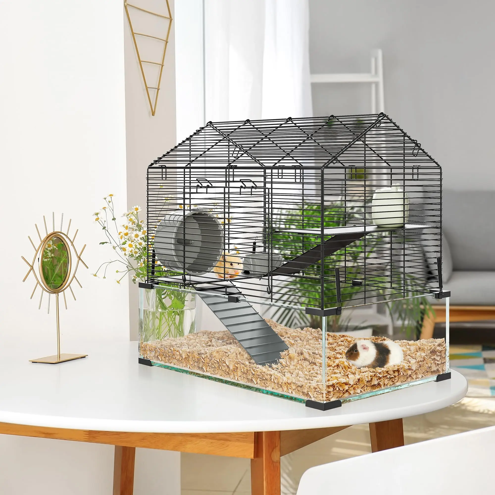 

Hamster Cage with Deep Tempered Glass Bottom, 3 Tiers Hamster Tank with Hut, Running Wheel, Dish ＆ Water Bottle, Rat Cage