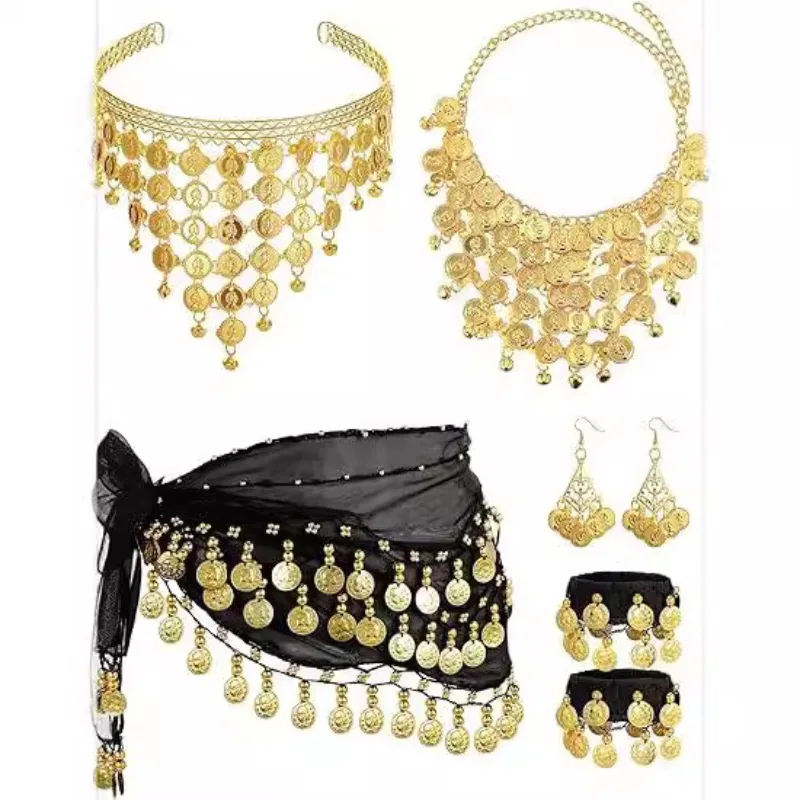 

Belly Dance Accessories for Women Gold Sequins Neckless Earring Hip Scarf Wristband Indian Dance Stage Performance Jewelry Set