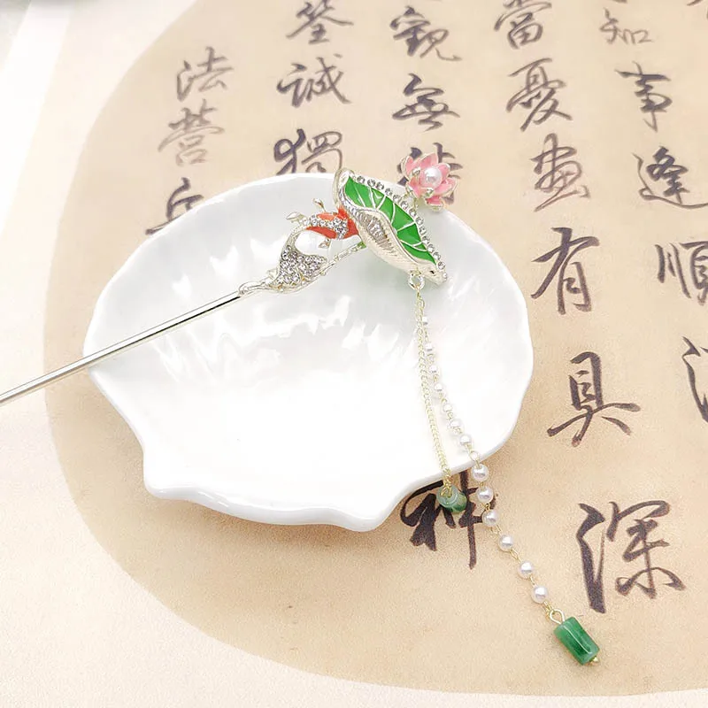 

Заколка для волос с листьями лотоса и лотоса, женская прогулочная заколка с кисточкой, высококачественная заколка, аксессуар для головы, аксессуар для волос