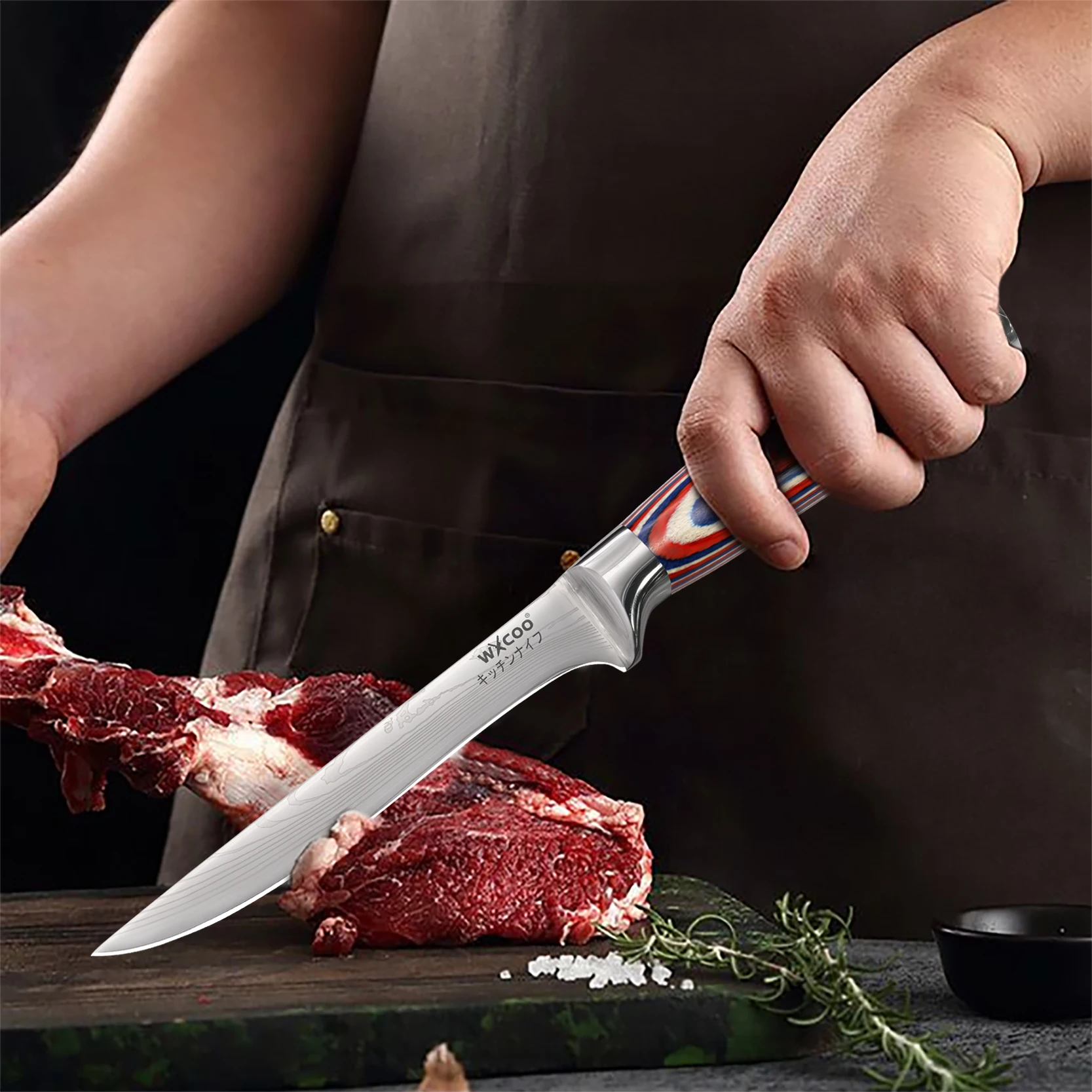WXCOO NEW Damascus Kitchen Knives Wooden Handle Meat Cleaver Bread Cutter Fruit Slicing Utility Knife Scissor Boning Knife