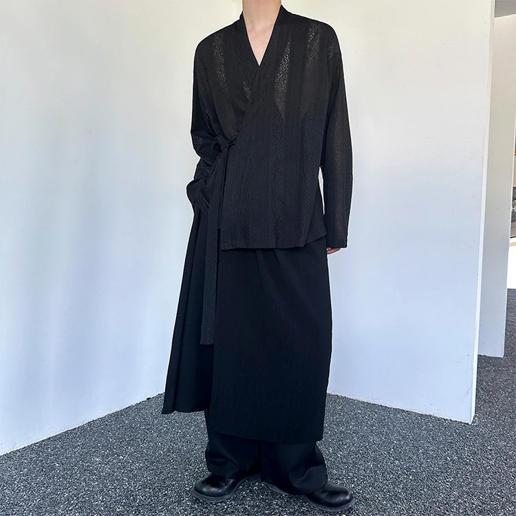 

New Chinese Style Retro Embroidered Shirt Set Men's Asymmetrical Hollow out Design Traditional Dao Pao Clothing Polyester Fiber