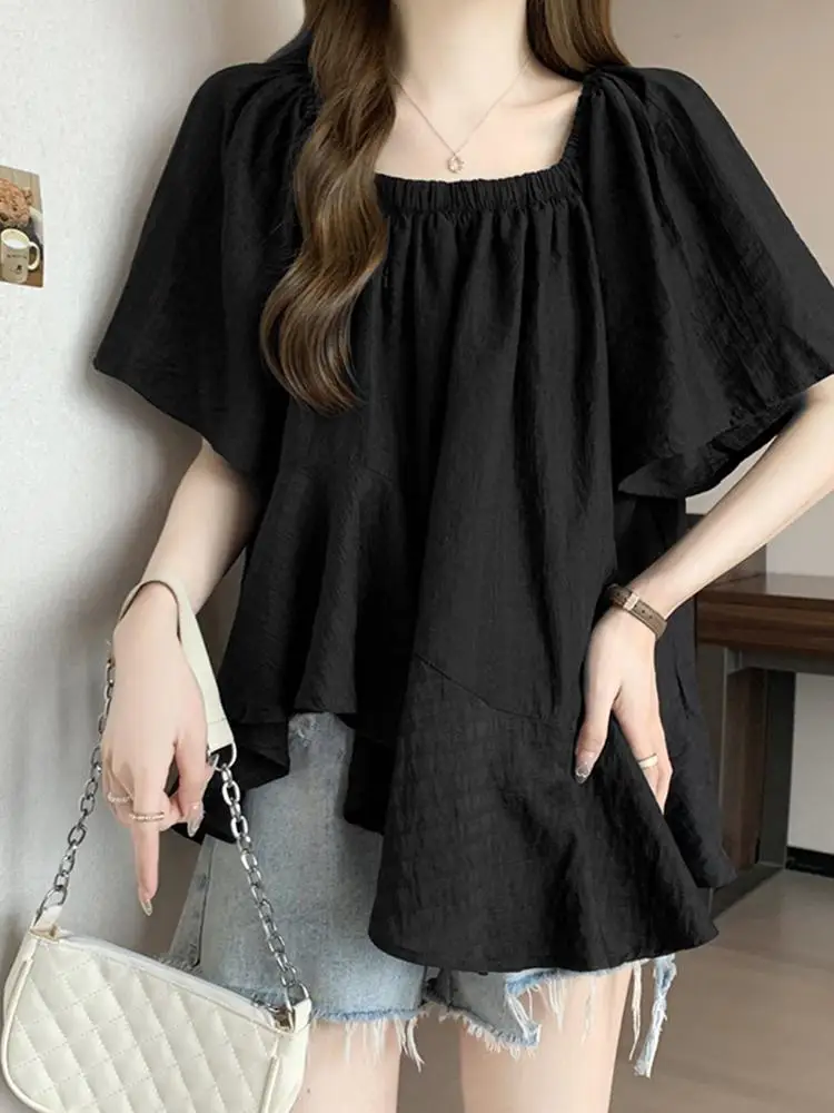 Women Solid Short SleeveTops ZANZEA Fashion Mesh Chiffon Blouse Casual Summer Ruffled Stitching Tunics 2024 Vintage Thin Tops