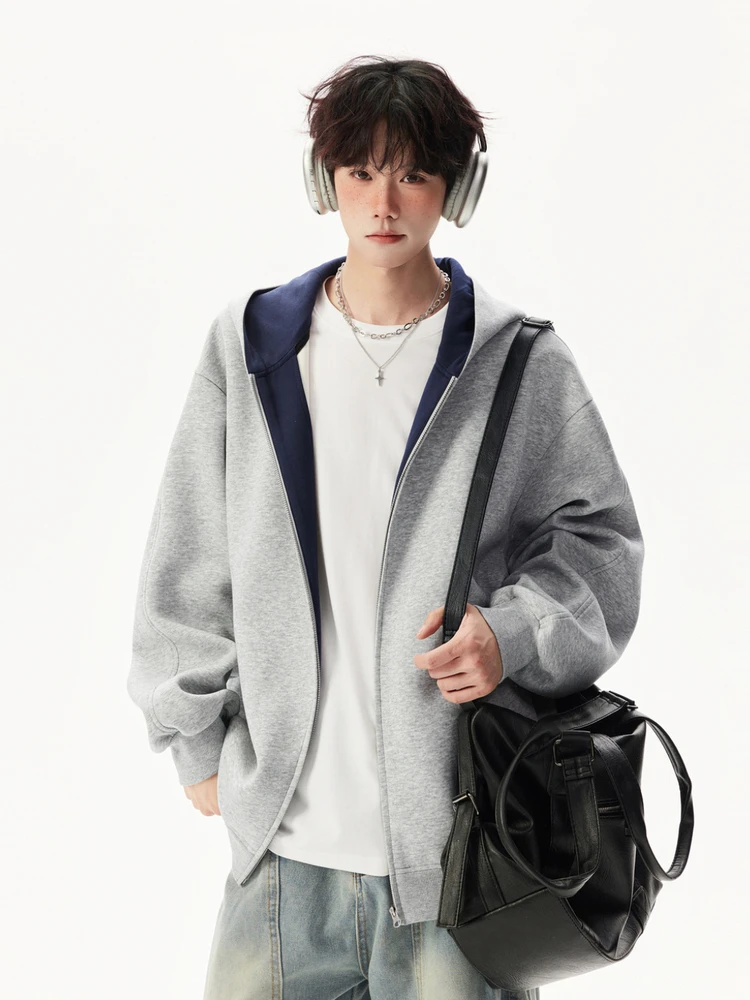 

Heavyweight Light ey Zipper Hooded Cardigan Men's American Sle Casual Fall Jaet Loose Fit Long Sve Color