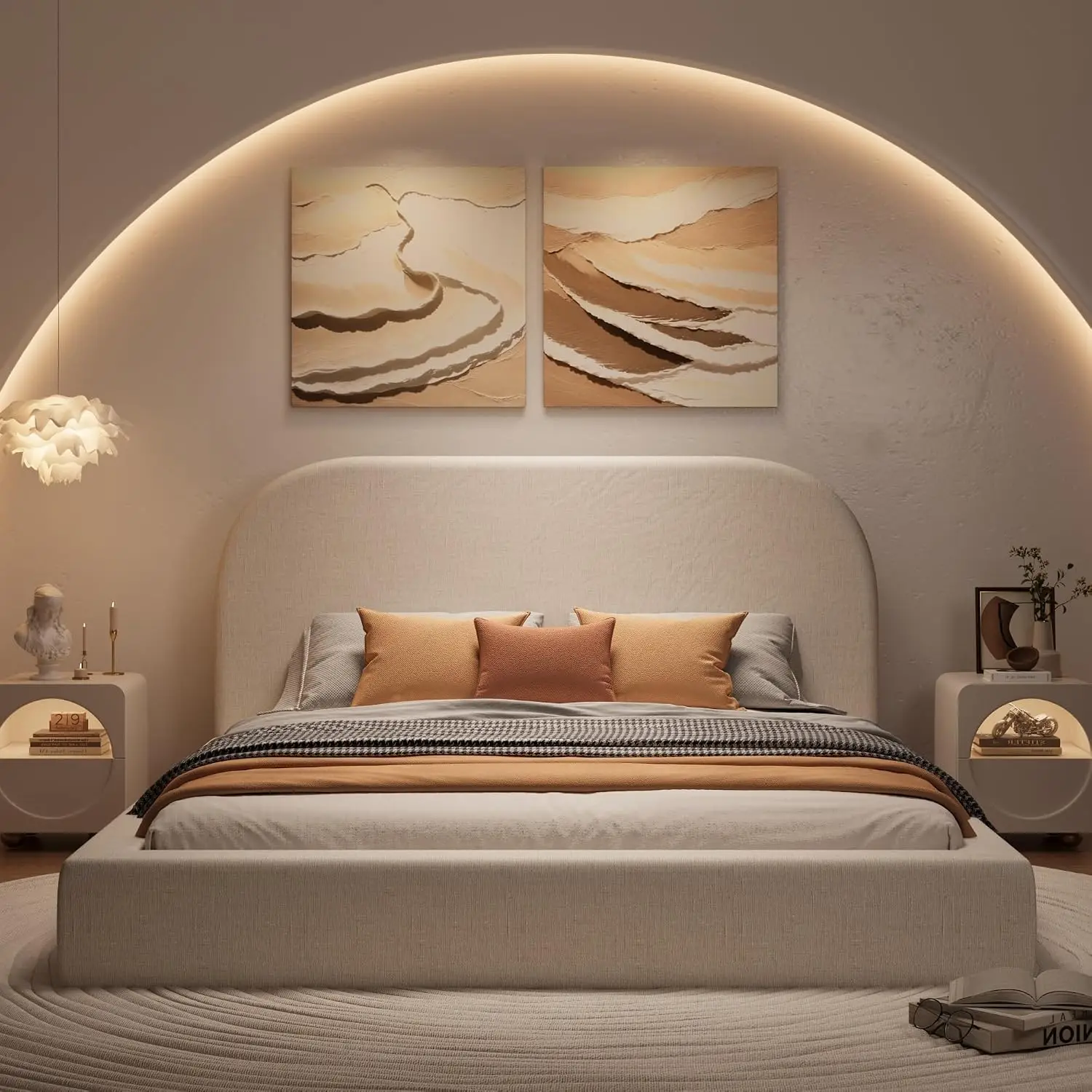 Queen Cloud Bed Frame with Upholstered Curved Headboard, Cream | Anti-Collision Soft Sponge Cushion, Easy Assembly,, Customized