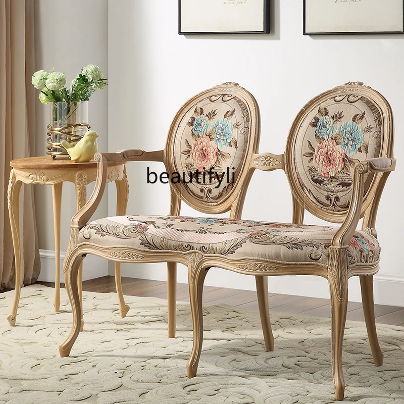 French Retro Creative Fabric Double Chair Mahogany Antique Chair Two-Seat