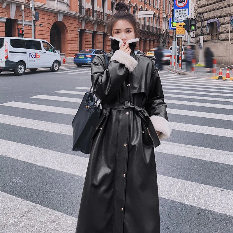 Fur Locomotive Retro Winter Thicked Extra Long Oversized Black Faux Leather Trench Coat for Women Long Sleeve Belt Loose Fashion