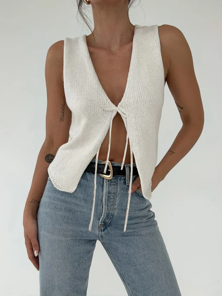 New Fashion Womens Knit Vest Fitted V Neck Sleeveless Open Front Tie-Up Solid Color Tank Tops For Summer Hot Sale S M L