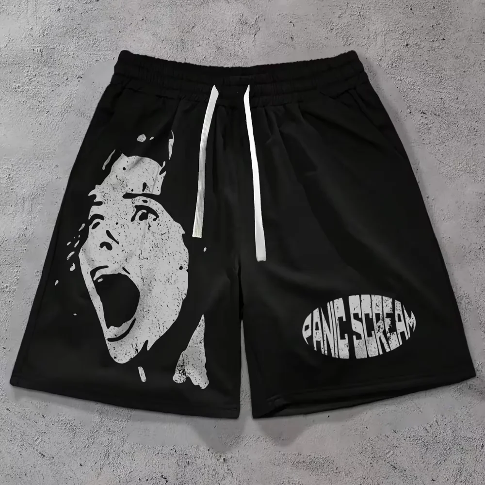 PANIC SCREAM Streetwear Men's Summer Casual Shorts Drawstring Athletic Shorts Loose Women Sweatpants Sports Jogging Beach Pant