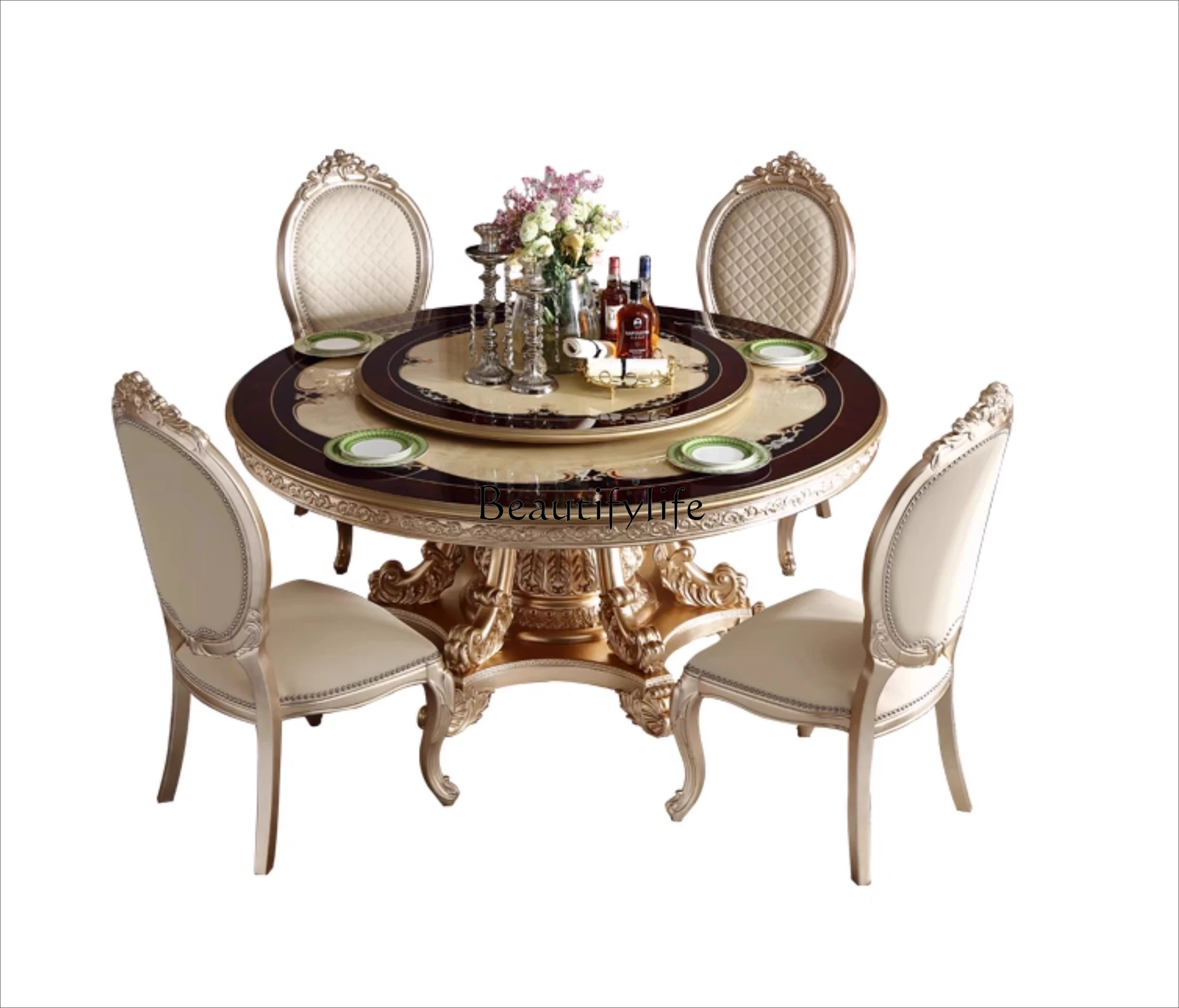 

French luxury solid wood carving flower silver foil round dining table European luxury dining table and chairs