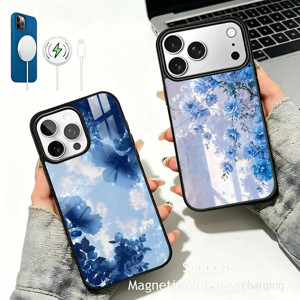 Anime Blue Flowers Wireless charging phone case compatible with iPhone 17/16/15/14/13/12/11
