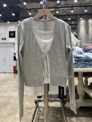 Hollow Out Gray Knitted Long Sleeve T-Shirt for Woman Clothes Lace-up V Neck Casual Cardigan Tee Summer Sweet Soft Cotton Tshirt