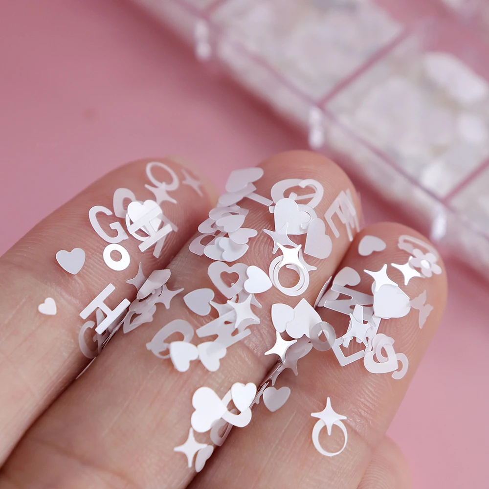 12 Grids/Box Pure White Nail Art Sequins Mixed Butterfly Love Heart Flowers Glitter Flakes Spring Summer Manicure DIY Decoration