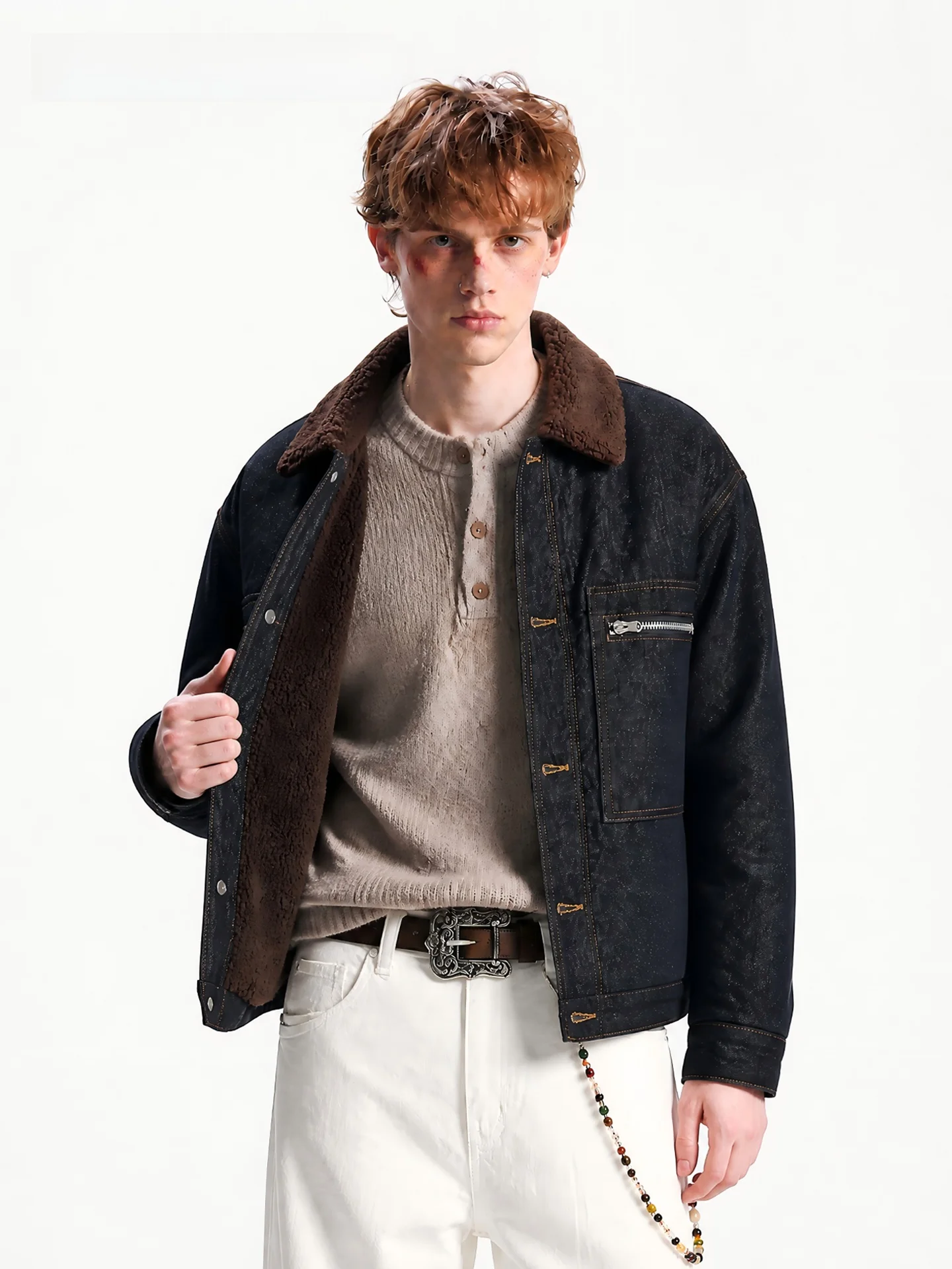 SDMADE American Style Thickened Denim Cotton Jacket with Big Pockets Warm Collar Coat for Men And Women Short Length  Color